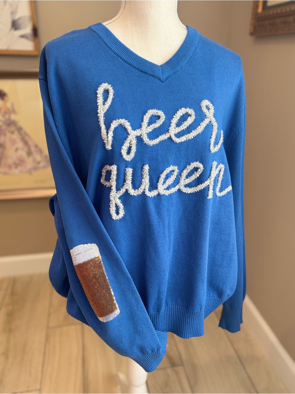 QUEEN OF SPARKLES Glitter Tinsel Beer Queen Blue V-Neck Knit Sweater